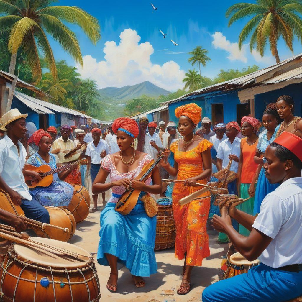 A vibrant collage depicting the essence of Haitian culture, featuring a colorful market scene with artisans crafting intricate artworks, musicians playing traditional instruments, and a warm, welcoming community connecting with each other. The background should showcase a lush tropical landscape under a bright blue sky, symbolizing hope and empowerment. Incorporate elements of unity and support, like hands clasped together and intertwined musical notes. super-realistic. vibrant colors. tropical theme.