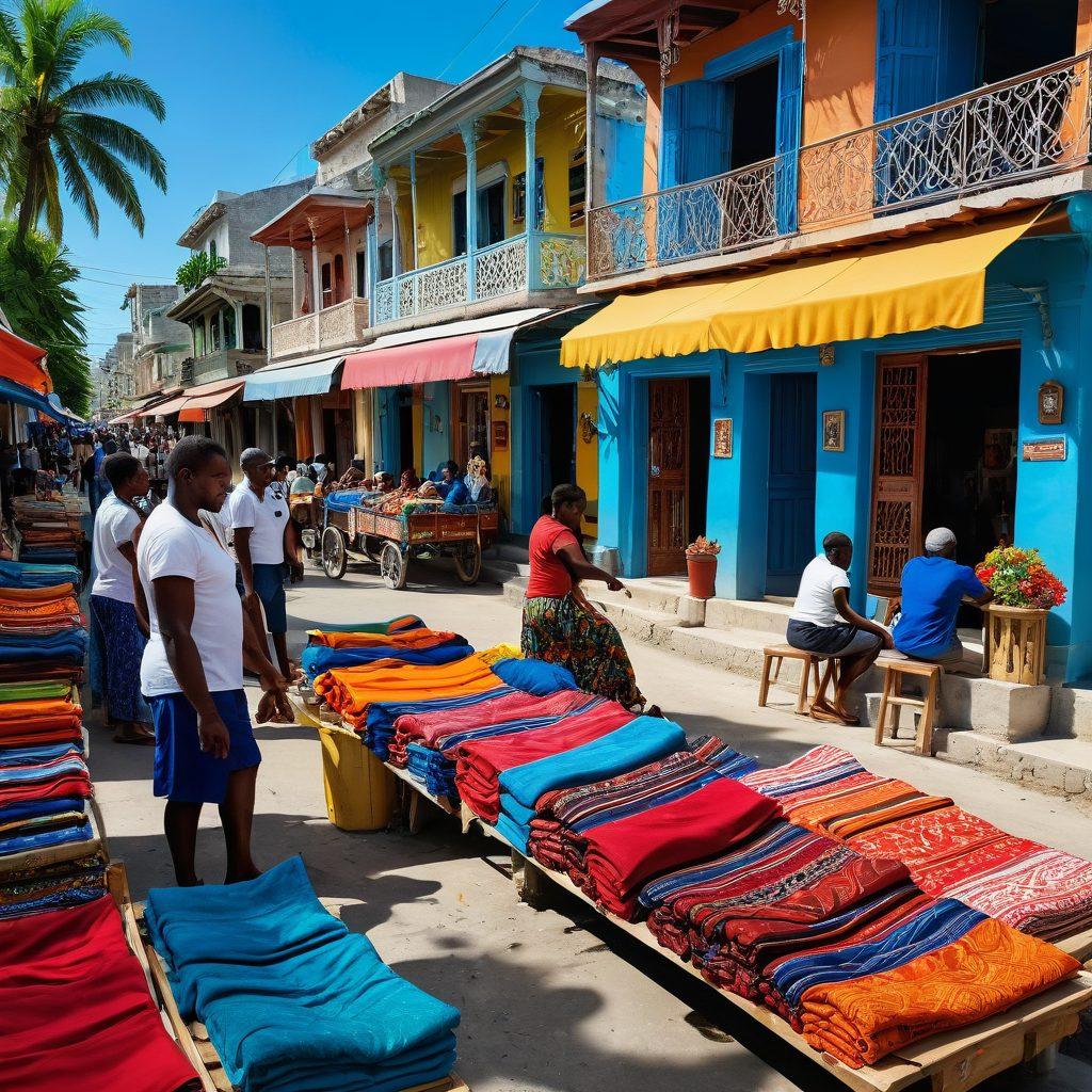A vibrant street scene in Haiti showcasing a bustling market filled with colorful textiles, local artisans, and joyful community members interacting. Incorporate iconic Haitian architecture in the background, with lush tropical vegetation framing the scene. Bright, bold colors should dominate the palette, reflecting the lively culture and warmth of the people. The sky should be a brilliant blue, enhancing the overall cheerful atmosphere. super-realistic. vibrant colors. 3D.