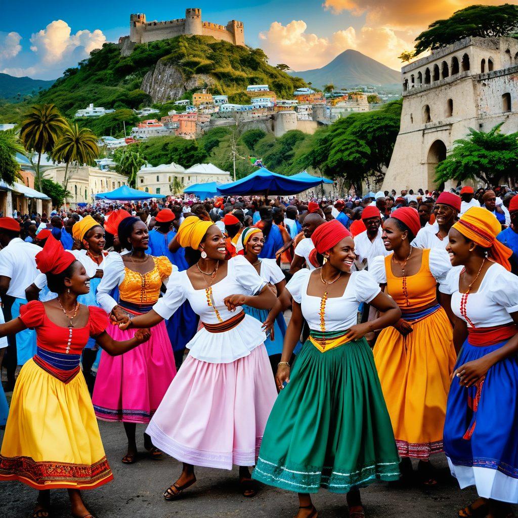 A vibrant collage showcasing the rich Haitian culture, featuring colorful street scenes from local festivals, traditional dishes like Griot and Joumou, and iconic landmarks such as Citadelle Laferrière. Include people dancing in traditional attire, lush tropical landscapes, and intricate crafts to reflect the heritage. Bright and inviting, with an emphasis on celebration and community. super-realistic. vibrant colors. 3D.